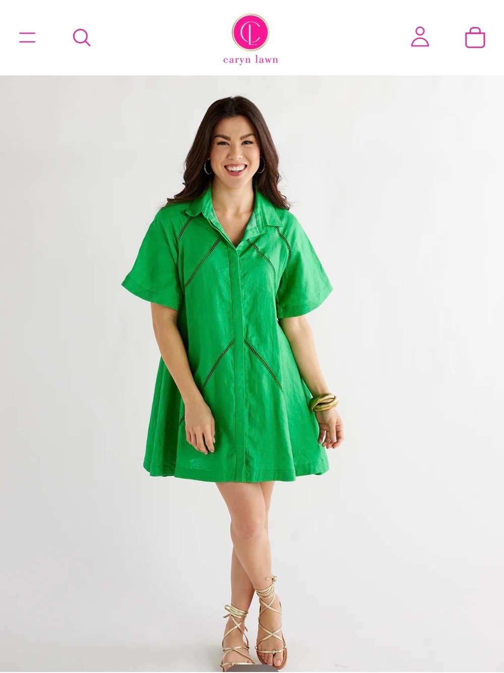 Caryn Lawn NWT Green Short-Sleeve Linen Day Dress with pockets